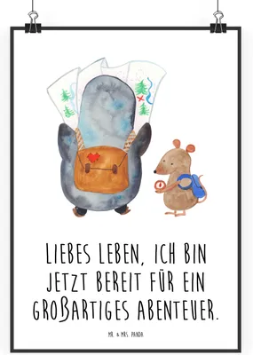 Produktbild von Mr. & Mrs. Panda Bild Pinguin & Maus Wanderer DIN A2 - Weiß - Geschenk, kunstdruck poster, Wandern, Plakat, drucke, Abenteuer, Wandbild, Roadtrip, wanddeko