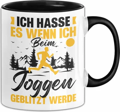 Produktbild von Joggen Tasse Geschenk Jogger Geschenkidee Marathon Läufer Ich Hasse Es Wenn Ich Beim Joggen Geblitzt Werden Kaffee-Becher (Schwarz)