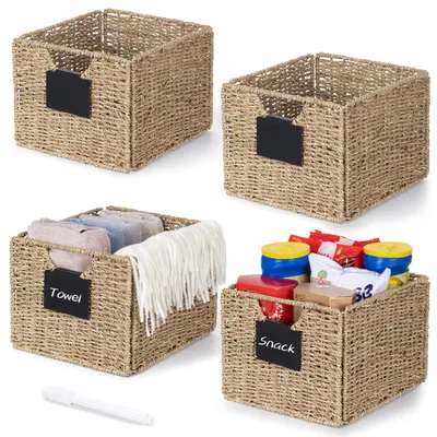 Image de Lot de 4 paniers de rangement rectangulaires en jonc de mer, paniers en osier pliables, boîtes de rangement, paniers tressés naturellement, rangements en osier pour la salle de bain et le salon, 26,5 x 24 x 19 cm