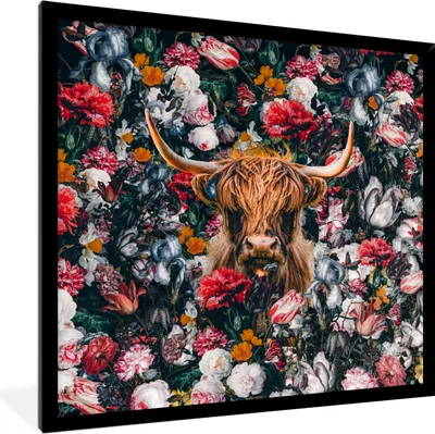 Produktbild von MuchoWow® MuchoWow® Gerahmtes Poster Kuh - Blumen - Braun 40x40 cm - Poster mit zchwarzem Bilderrahmen - Mit Rahmen - Wanddekoration Schlafzimmer