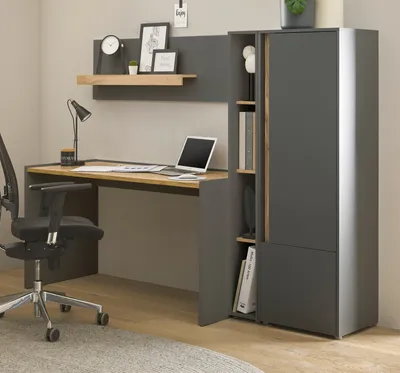 A modern home office setup with a desk, chair, and storage unit.