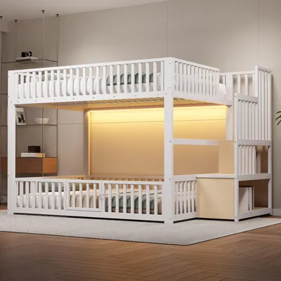 Produktbild von MODFU Doppelbett 140x200 Stockbett mit Sicherheitsgeländer Jugendbett mit Stauraumleiter und LED Beleuchtung ohne Matratze Weiß