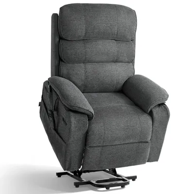 Image de Fauteuil releveur électrique, double moteur, fauteuil releveur électrique de taille moyenne avec fonction chauffante et massage pour personnes âgées, réglage en continu, tissu chenille, télécommande, avec poches latérales, gris foncé