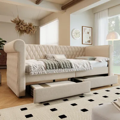 Produktbild von okwish Schlafsofa Daybett 90x200cm mit Lattenrost aus holz, Polsterbett Sofabett mit 2 Stauraum Schubladen und hohe Rückenlehne(Ohne Matratze)- Beige