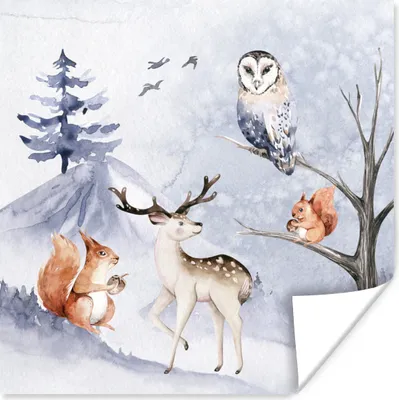 Produktbild von MuchoWow® Poster Winter - Hirsch - Eichhörnchen - Baum 100x100 cm - Babyzimmer