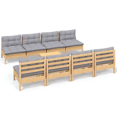 Produktbild von 9-tlg. Garten-Lounge-Set mit Grauen Kissen Kiefer Massivholz
