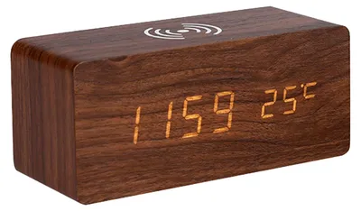 Obrázek produktu pro Digitální dřevěný budík Elektronický LED displej pro ložnici 10W bezdrátové nabíjení 3 nastavení budíku Zobrazení data a teploty, hnědá barva