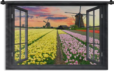 Produktbild von MuchoWow® Wandteppich Wandbehang Aussicht - Tulpen - Sonnenuntergang 90x60 cm Tapisserie Dekoration Wandtuch - Wandskulpturen - Bildteppich