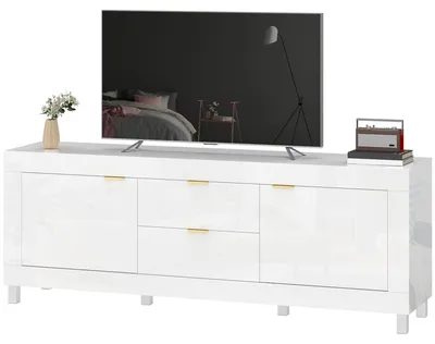 Produktbild von Fernsehschrank 2 Schubladen, TV-Schrank mit Soft-Close, Hochglanz Spanplatte, Weiß | 40 kg | bis 75 Zoll | 180 x 40 x 66 cm