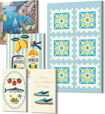 Obrázek produktu pro Sada Obrazů Na Plátně – Polycanvas – Moderní Nástěnné Umění – Obrazy Do Ložnice – Viacdílný Set – Minimalistické Obrazy – Tip Na Dárek – 2x 30x30 cm + 2x 20x30 cm + 1x 40x60 cm – Kuchyňská inspirace z Itálie, středomořská chuť a styl