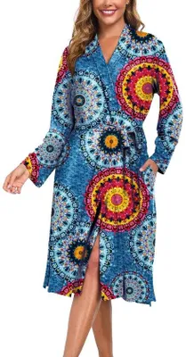 Produktbild von Lange Kimono für Frauen, leichtes Gewand mit V-Hals und langen Ärmeln, mit Taschen, ideal für Sauna, Spa, Strand, Reisen, Loungewear