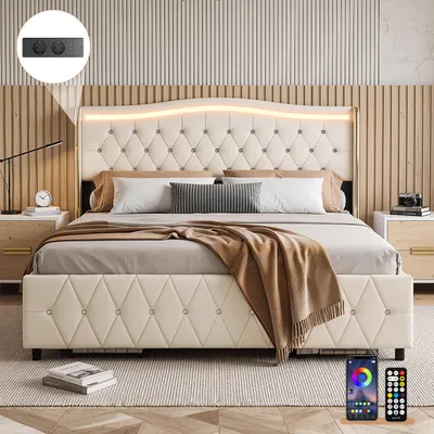 Produktbild von OYAJIA Polsterbett 90x200cm mit LED, Doppelbett mit 2 Schubladen Stauraum und Kopfteil, Stauraumbett Jugendbett mit USB&Type-C, Kunstleder Bettgestell