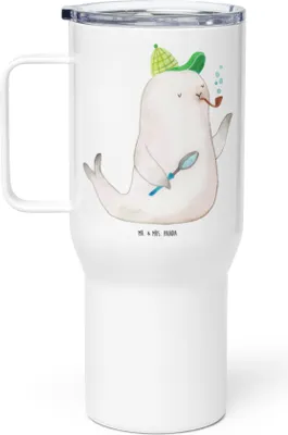 Produktbild von Mr. & Mrs. Panda Teetasse Robbe Sherlock - Weiß - Geschenk, thermosbecher, Thermobecher, Thermos-Becher, Lustige Sprüche, Kaffee-to-go-Becher, Isolierbecher