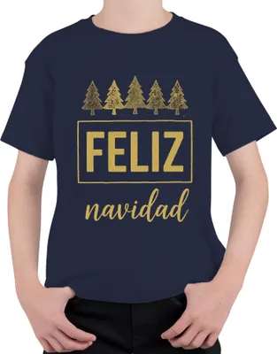 Produktbild von FELIZ navidad Weihnachten Weihnachtsbaum Gold Glitzer Geschenk Uni Kinder T-Shirt, Navy, 152