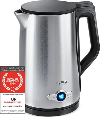 Produktbild von TZS First Austria Edelstahl Wasserkocher 2200W, 1,7 L, Temperatureinstellung 60-100 Grad, Warmhaltefunktion, Kalkfilter, verdecktes Heizelement, LED Beleuchtungsfarbe