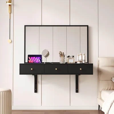 Zdjęcie produktu dla Fortuna Lai Toaletka wisząca z lustrem, 3 szufladami i gniazdkami elektrycznymi ,schowkiem na tablet, uchwytem na napoje; czarna 100×105×45 cm (szer.×wys.×gł.)