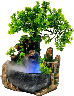 Immagine prodotto di Fontana da tavolo - Cascata d'acqua da interno - Illuminazione a LED - Effetto nebbia - Decorazione con piante - Resina - Verde