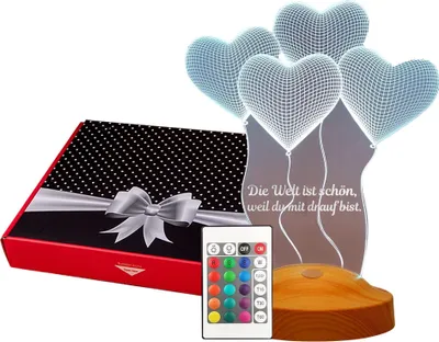 Produktbild von GESCHENKELAMPE LED Nachttischlampe Vier Herzen Hochzeit 3D mehrfarbige Nachtlicht Valentinstagsgeschenk