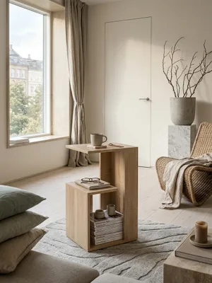 Aufsicht auf den modernen Holz-Couchtisch klein. Der 35x30 cm große Sofatisch aus melaminbeschichteter Spanplatte zeigt seine clevere Fächeraufteilung im minimalistischen Wohnbereich._#sku_SAFWL5.697#