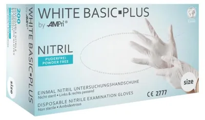 Produktbild von 10x WHITE BASIC-PLUS, Nitril-Untersuchungshandschuh, puderfrei, weiß, Gr. M | Box (200 Stück)