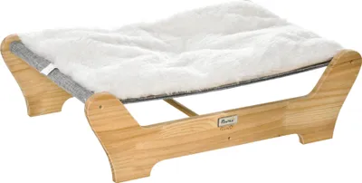 Produktbild von PawHut Erhöhtes Katzenbett, Kiefernholz natur, 68x43x20 cm, mit weichem abnehmbarem und maschinenwaschbarem Kissen, für Katzen bis 4,5 kg, Schutz vor Staub, Feuchtigkeit und Kälte