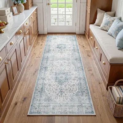 Produktbild von Waschbarer Teppichläufer, 60 x 180 cm, in Blau mit Vintage-Blumenmuster