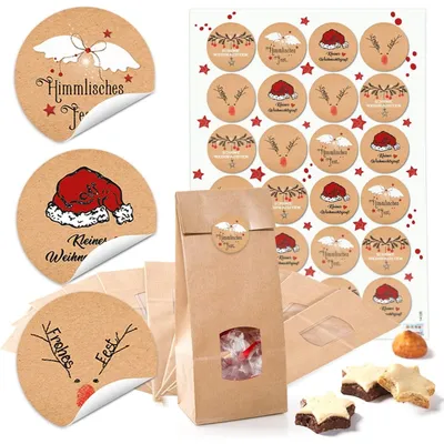 Produktbild von 10 Weihnachtstüten (10,5 x 6,5 x 29 cm) mit FENSTER lebensmittelecht + 24 weihnachtliche Aufkleber mit 4 cm Durchmesser24 Stück