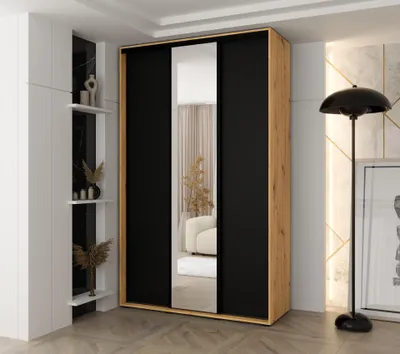 Produktbild von MINIO go for it, Kleiderschrank VADO, 150x235,2x45 cm, 3 Schiebetüren (1 Spiegel), 6 Einlegeböden, 2 ausziehbare Metallstangen, Artisan Eiche/Schwarz