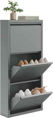 Produktbild von WOLTU Schuhschrank mit 3 Klappen, Schuhkommode, aus Metall, 50x106x15cm, Hellgrau