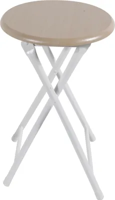 A simple folding stool with a round tan seat and white folding legs.