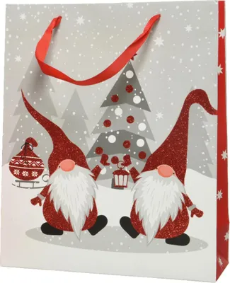 Produktbild von Weihnachtliche Geschenktaschen mit Wichtel-Motiv und Glitzerakzenten, 2 Stück