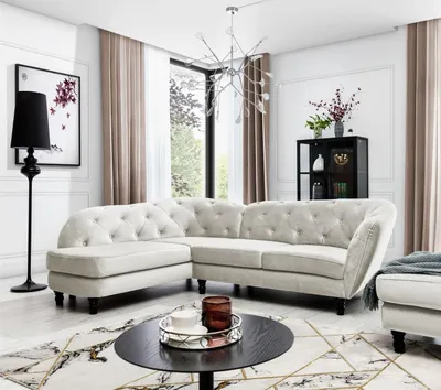 Produktbild von Ecksofa Designersofa CHARLOTTE in Stoff Matt Velvet Beige Ottomane Links