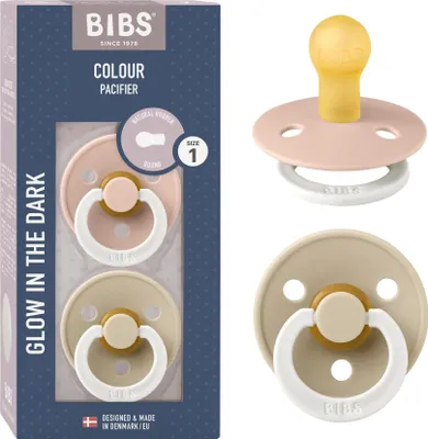 Produktbild von BIBS Boheme Glow Schnuller 2er-Pack. BPA-frei. Leuchtet im Dunkeln, Kirschform Nippel. Naturkautschuk / Latex, Hergestellt in Dänemark. Größe 1 (0-6 Monate), Blush Glow / Vanilla Glow