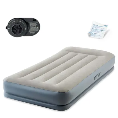 An inflatable mattress with a pump and instructions on a white background.