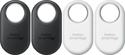 Four Samsung Galaxy SmartTag2 trackers are displayed against a white background. Two are black and two are white.