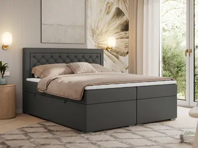 Produktbild von MKS MEBLE Boxspringbett 140x200 mit Bettkasten, Polsterbett 140x200 mit Matratze H4 Topper, Boxspringbett 140x200, Polsterbett 140x200, Bett 140x200 mit Kopfteil - Dunkelgrau Kunstleder - H4 - JASIR