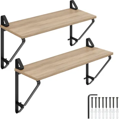Two wall shelves are shown against a white background, along with mounting hardware.