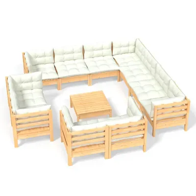 Produktbild von 12-tlg. Garten-Lounge-Set mit Creme Kissen Massivholz Kiefer