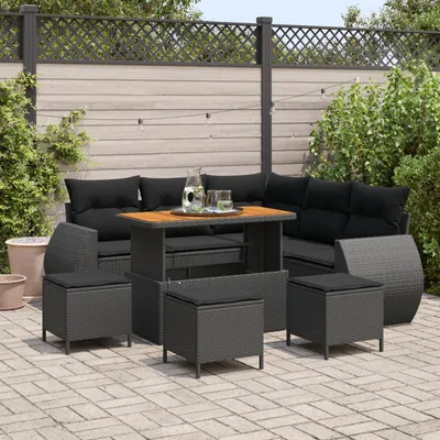 Immagine prodotto di Set divano da giardino vidaXL, 9 pezzi, 8 posti, nero, in polyrattan