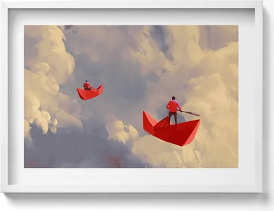 Produktbild von Papierbootfahrt– Wandbild mit Rahmen – Gerahmtes Bild  – Wanddekoration – 70x50 cm –  Schwarz Rahmen