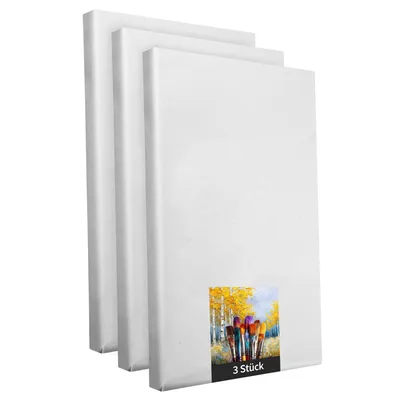 Produktbild von Keilrahmen - 3 Stück - 50 x 80 cm - weiße Künstlerleinwand aus Polyester - zum Bemalen - fertig bespannt - geeignet für Acrylfarben oder Textilfarben