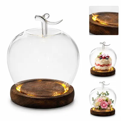 Produktbild von Glas-Apfel-Displaybox mit Holzsockel, Vitrine mit LED-Lichtschlitz, geeignet für Sammlerstücke,Valentinstags-Deko,Puppen und Schmuckausstellung.