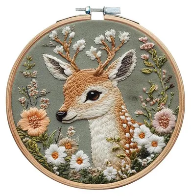 Stickerei-Set für Anfänger: Reh & Blumen, DIY, 15 cm