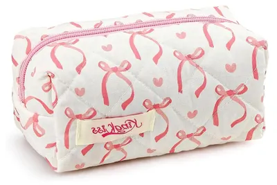 Produktbild von Kosmetiktasche für Mädchen mit pinkem Schleifenmuster, kleine Kulturtasche mit Reißverschluss, multifunktionale Make-up-Tasche zur Aufbewahrung von Kosmetik und Toilettenartikeln