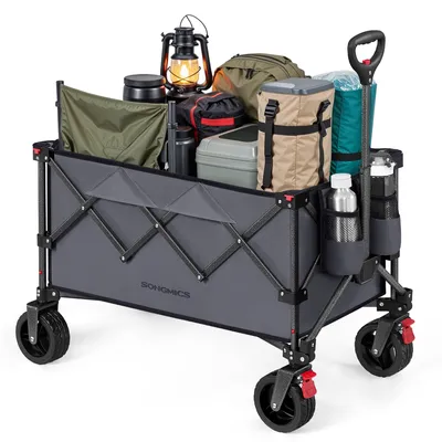 A gray folding wagon filled with camping gear, including a lantern, bags, and water bottles, on a white background.