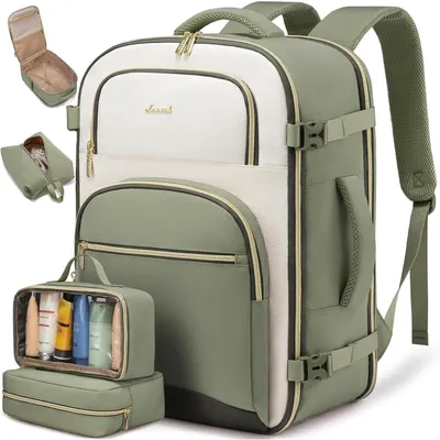 Produktbild von Handgepäck Rucksack Flugzeug 40L Damen Herren Wasserdicht Travel Backpack 17,3 Zoll Laptopfach Bohnengrün-beige