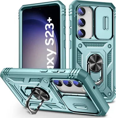 Produktbild von Galaxy S23+ Hülle, Schiebe Kamera Schutz Robust Rüstung Schutzhülle mit Ringhalterung Ständer Kartenhalter für Samsung Galaxy S23+ Grün