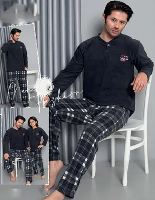 Produktbild von Herren Pyjama POLAR Schlafanzug Grau XXL 3-Teiler Set Lang Warm Winter C-11