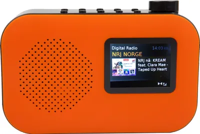 An orange digital radio with a screen displaying song information.