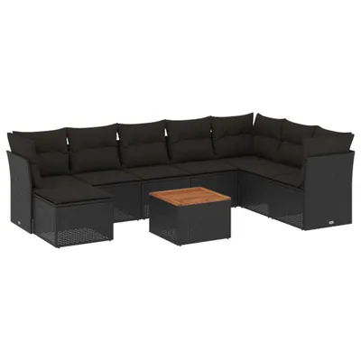 Produktbild von Modulares Garten-Sofa-Set 9-tlg., Poly Rattan Schwarz, Akazienholz-Tisch, UV-beständig, mit abnehmbaren Kissenbezügen